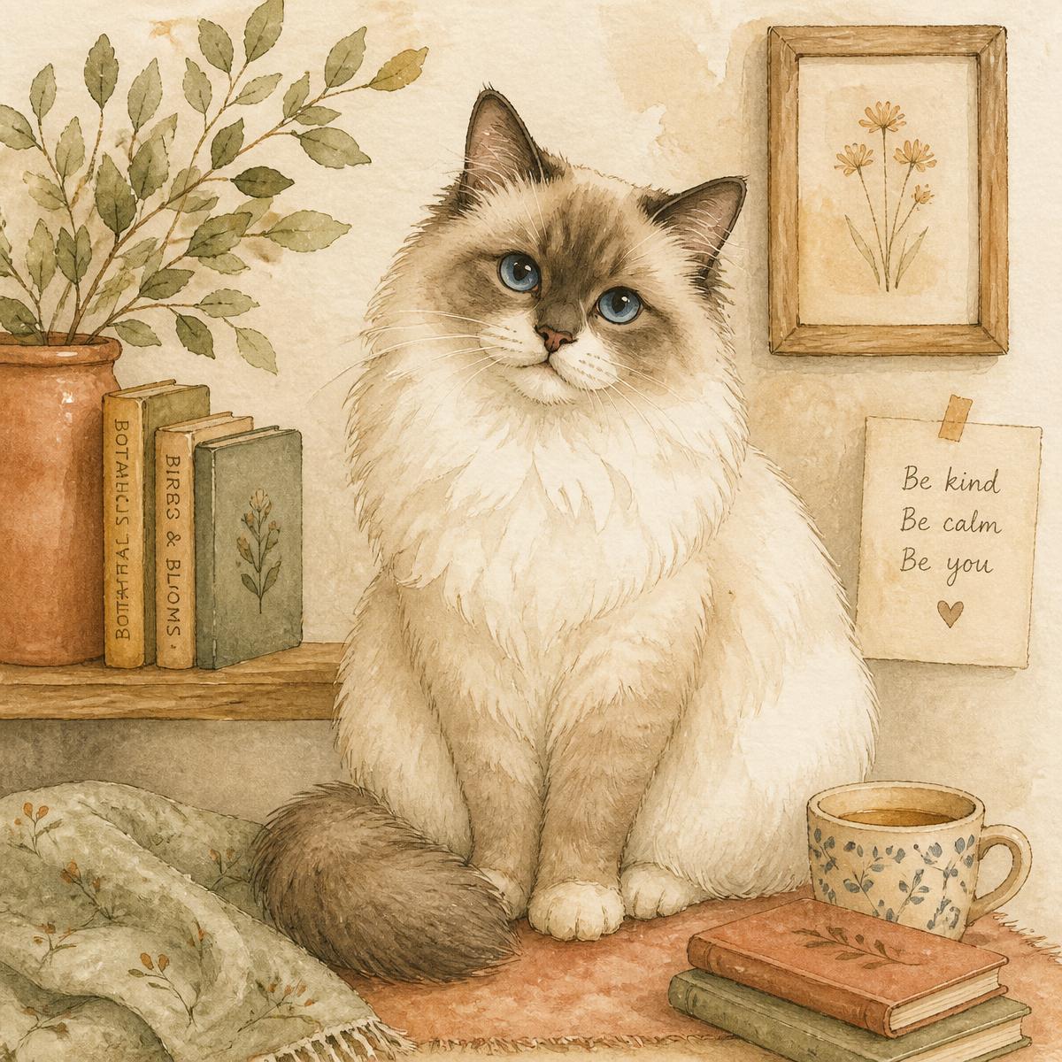 Watercolour illustration of a Ragdoll cat