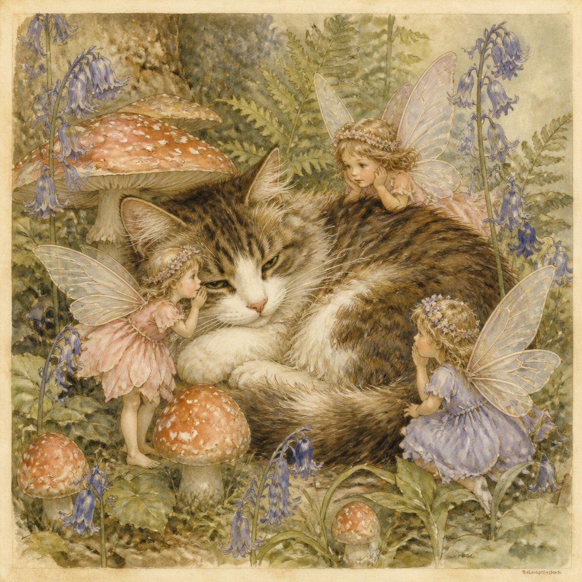 Storybook illustration of a fluffy cat among toadstools with little fairies