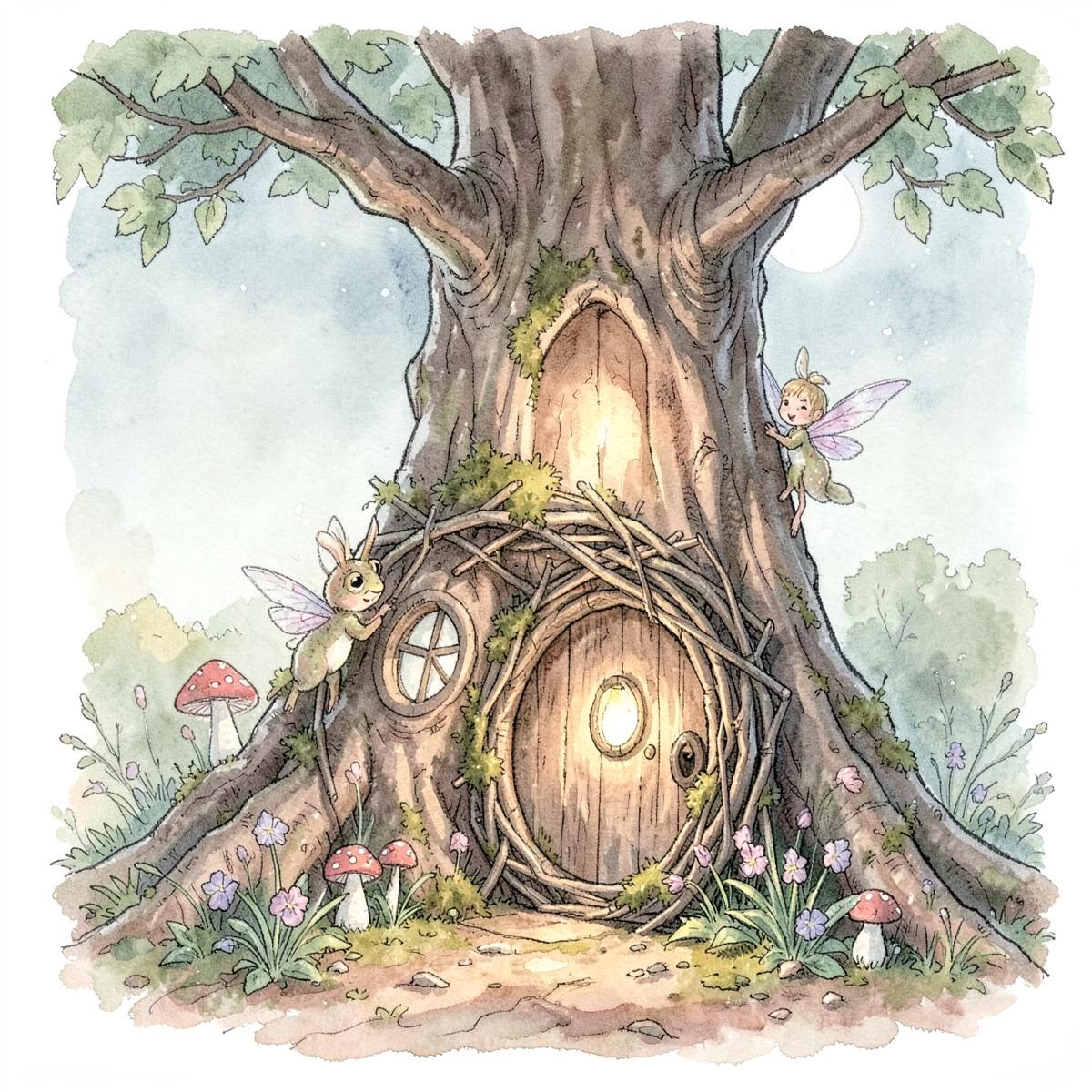 Print of a twig-and-moss fairy door in an old tree