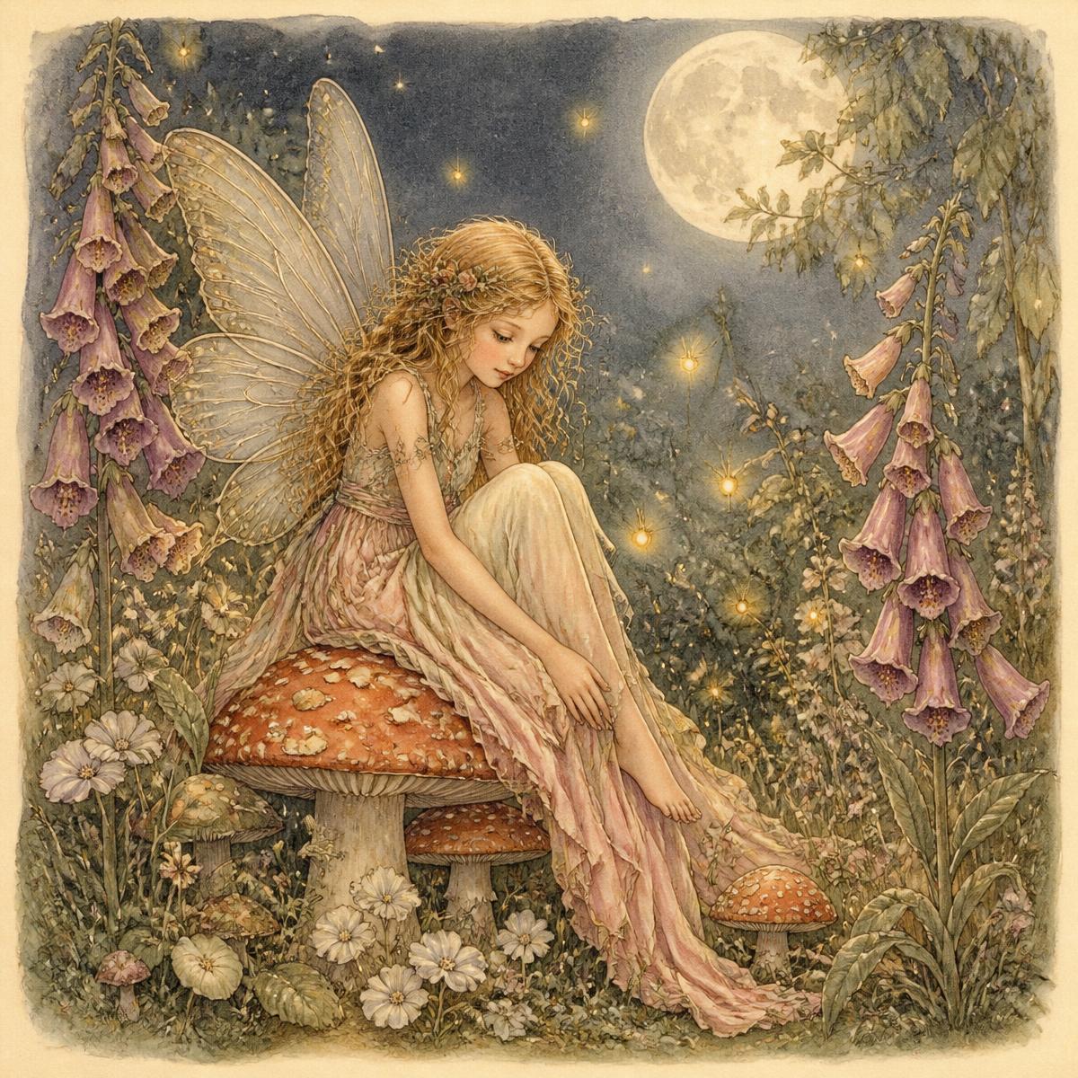 Print of a storybook fairy on a moonlit toadstool