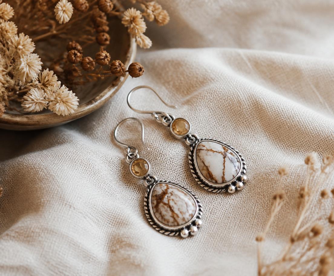 Handmade silver and citrine earrings from Rosemary's jewellery years