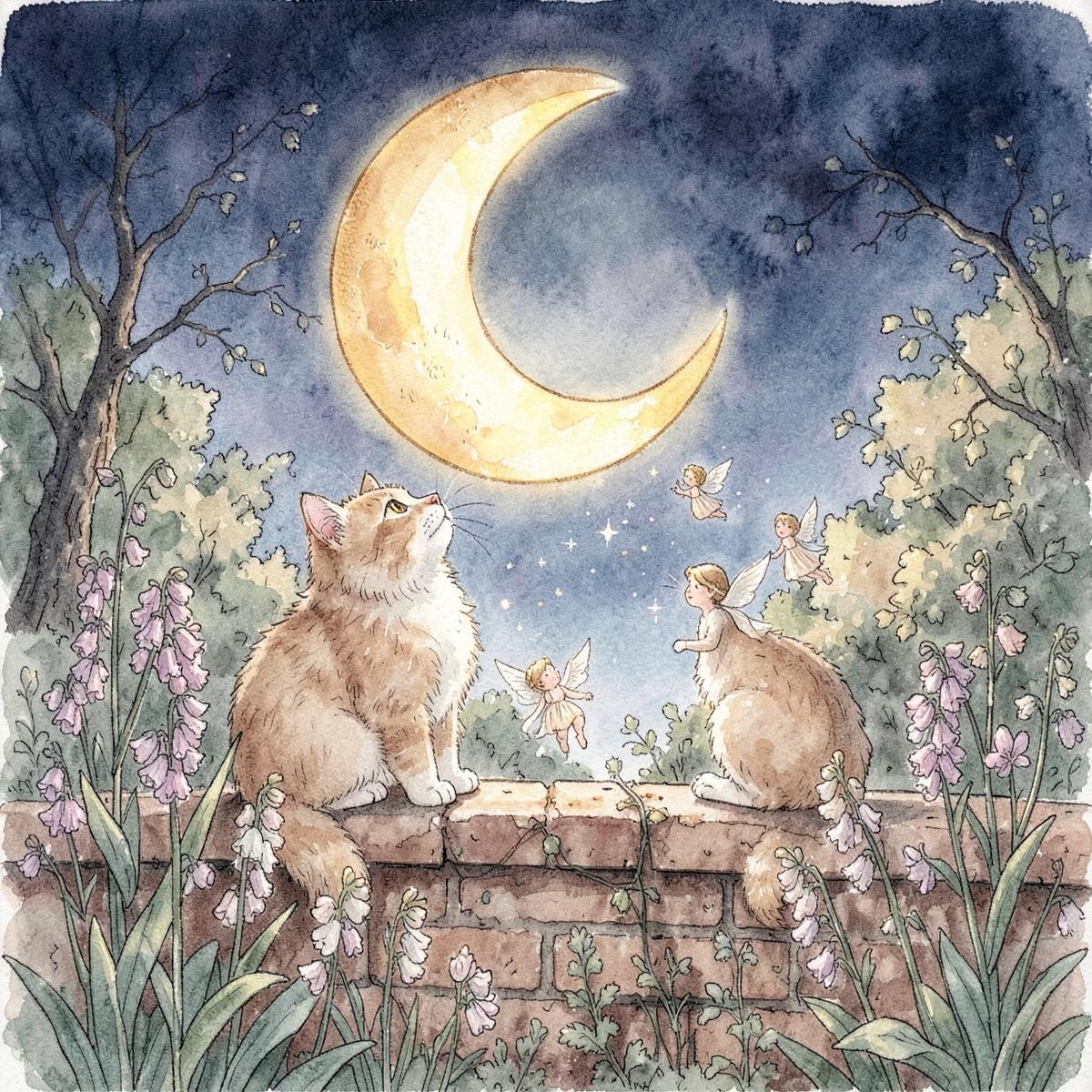 Two cats on a wall watching fairies under a crescent moon