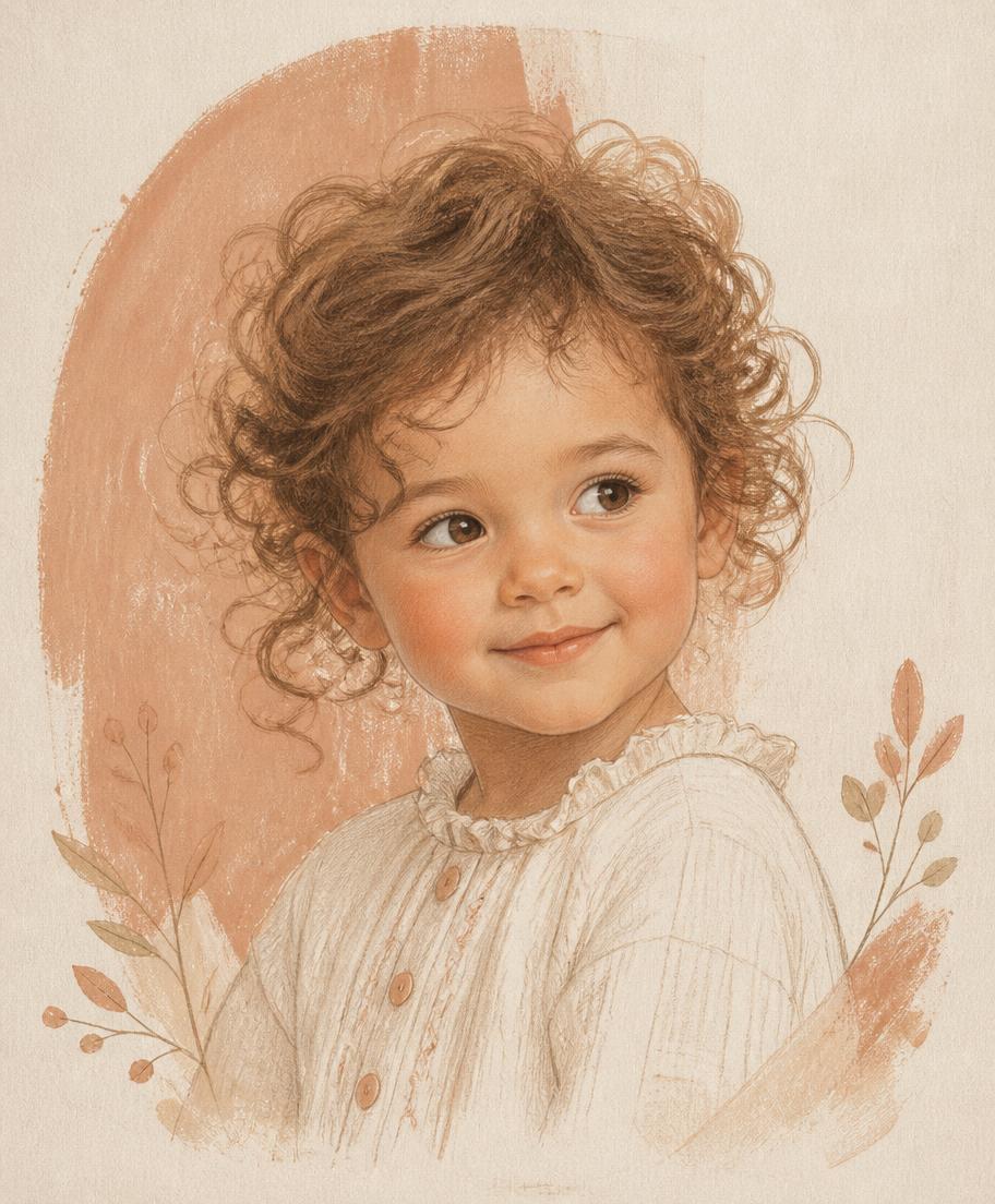 Pastel portrait of a curly-haired child