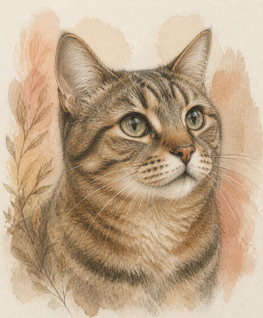 Watercolour portrait of a tabby cat