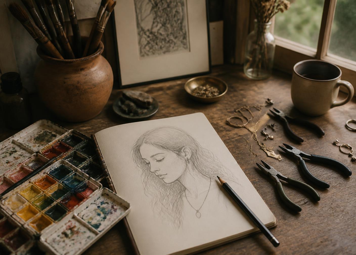 Rosemary's studio desk with paints, sketchbook and jeweller's tools